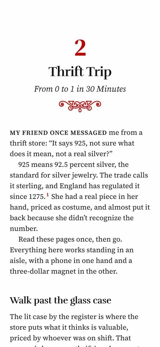 Chapter 2 opener: a red numeral 2, the title Thrift Trip, a small red flourish, and the first paragraphs.