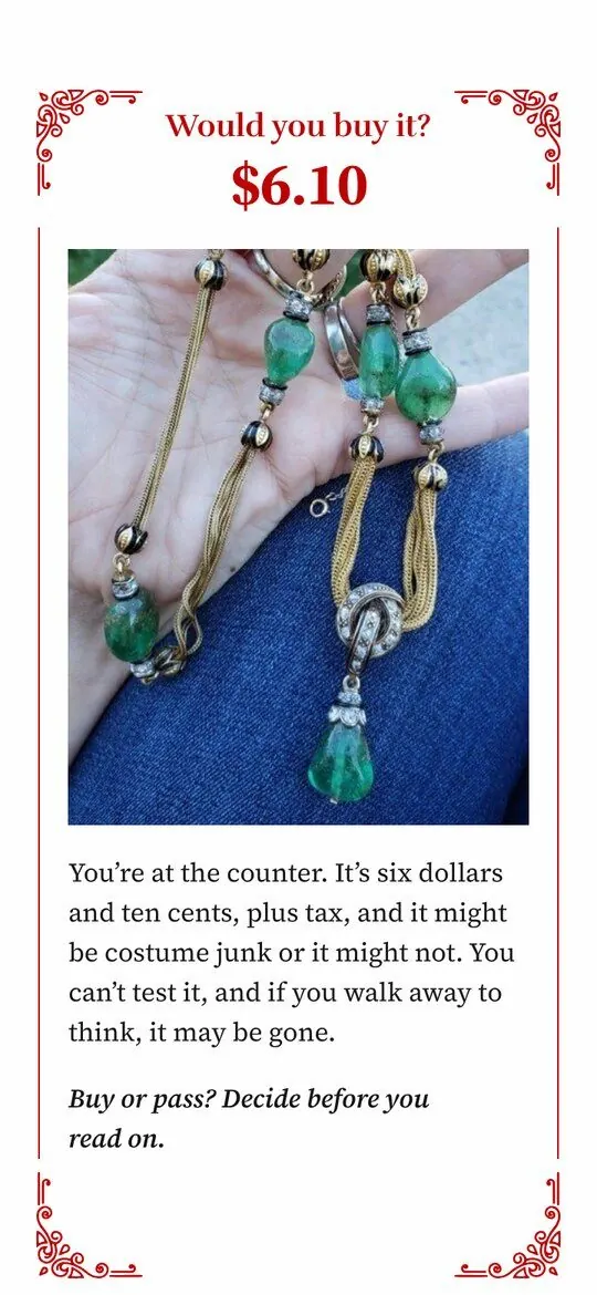 A Would you buy it? card with red corner flourishes, the tag price $6.10 and a photo of a green-stone necklace.