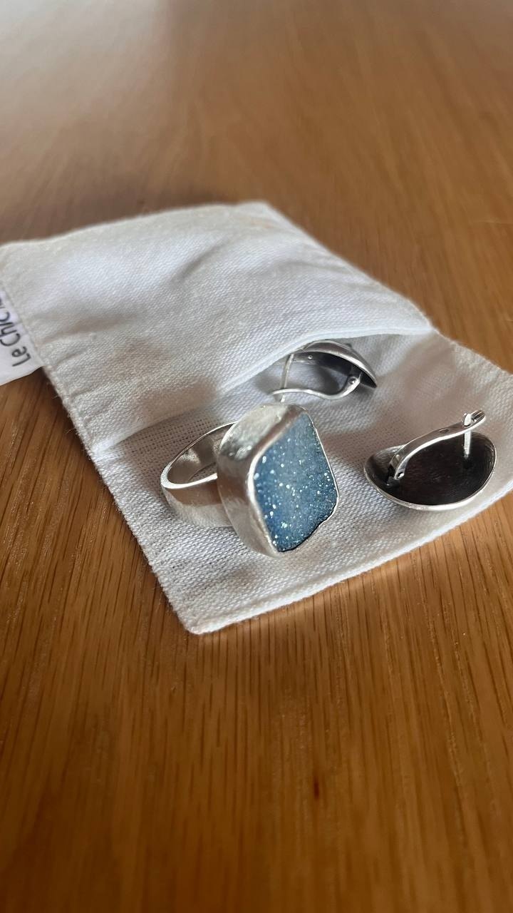 My thrift-store ring with a big blue stone, beside a pair of silver earrings on a linen pouch.